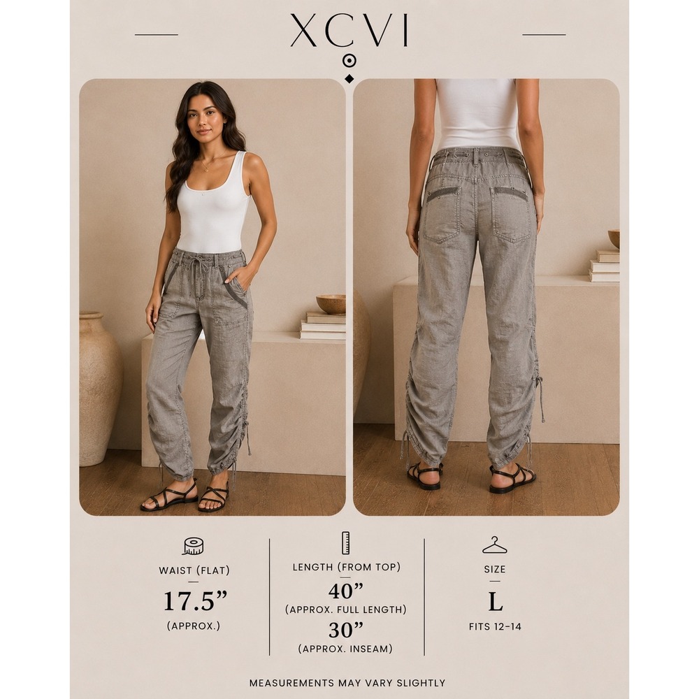 XCVI Grey 100% Linen Cargo Pants Large Drawstring Ruched Hem Style 22302